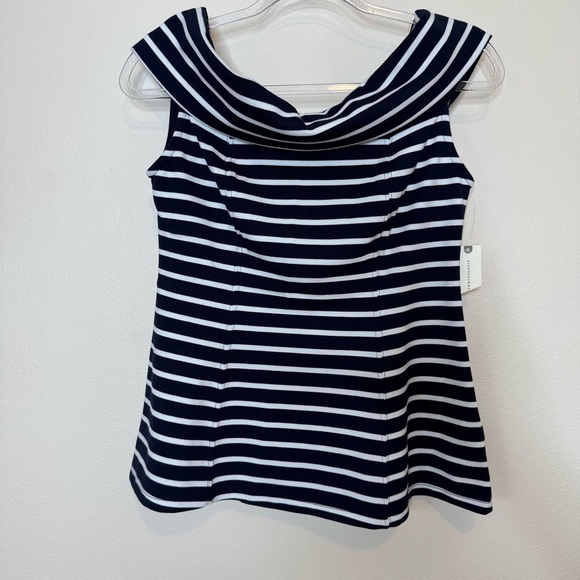 Maeve Blue and White Off-the-Shoulder Fitted Blouse - Picture 3 of 13